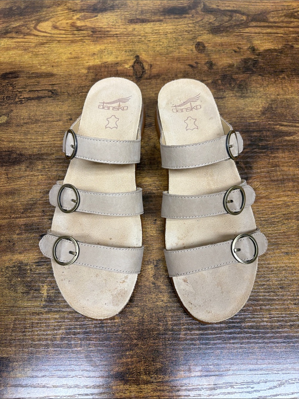 Dansko Women's Triple Buckle Taupe Slide Sandals